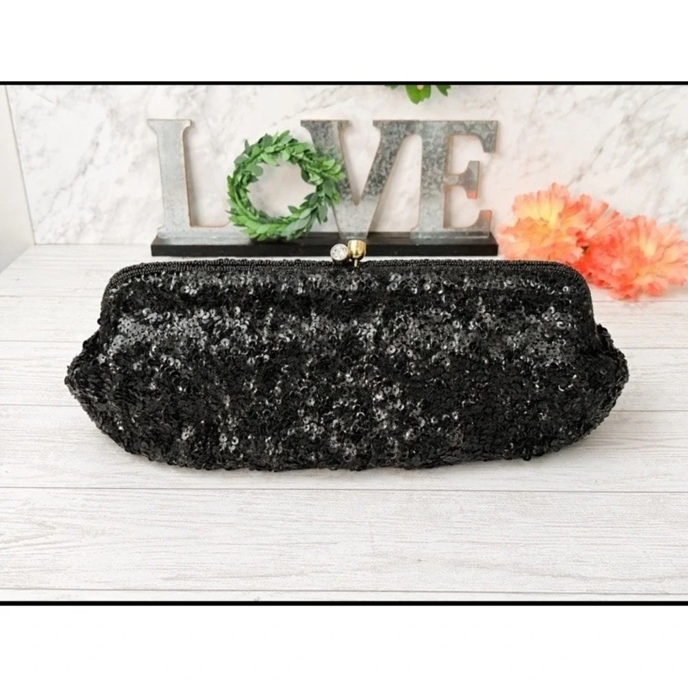 Vtg Magid Black Beaded Clutch Evening Purse Bag Made in Japan With 2 Side Mirror
